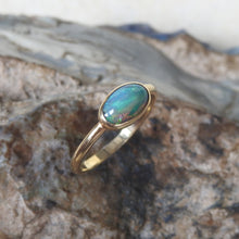 Load image into Gallery viewer, Solid Lightning Ridge Black Crystal Opal Ring with Green Blue Colors